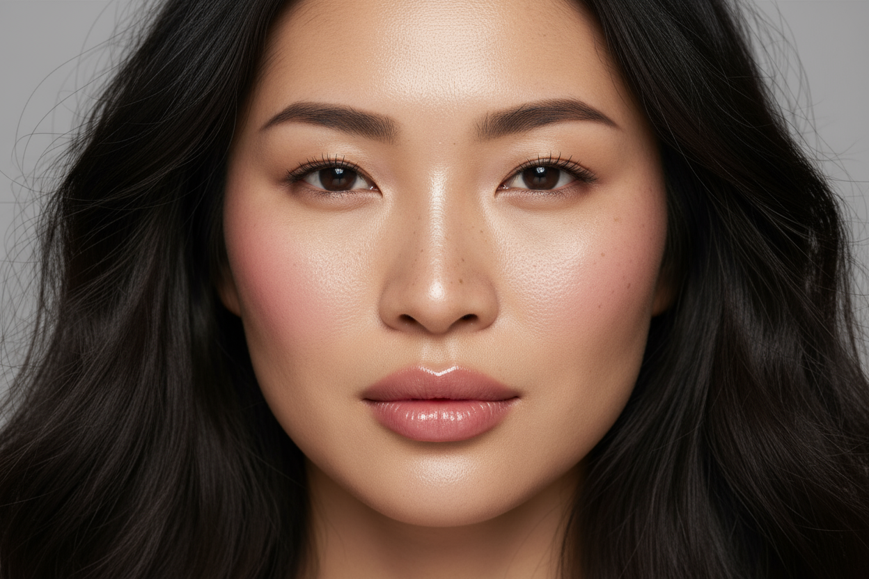 A portrait of an East Asian woman with long, flowing black hair, exuding a confident yet serene expression.

Makeup and Appearance:

She wears glossy makeup that accentuates her cheekbones and lips.

Fine freckles or melasma are present on her skin, which has a natural, defined texture.

A soft, saturated pink blush is applied to the apples and tops of her cheeks.

Her lips are full and glossy with a natural pink hue.

Her eyes are very lightly defined for a natural look.

